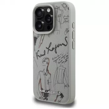KARL LAGERFELD Grained Pattern & Logo MagSafe puzdro pre Apple iPhone 16 Pro Max - sivá