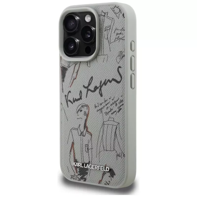 KARL LAGERFELD Grained Pattern & Logo MagSafe puzdro pre Apple iPhone 16 Pro Max - sivá