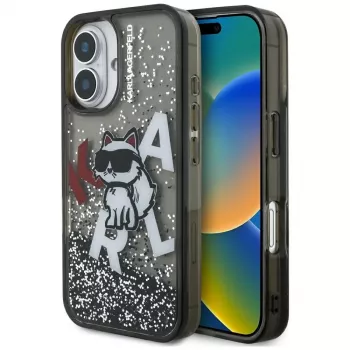 KARL LAGERFELD Liquid Glitter Choupette Logo puzdro pre iPhone 16, čierna