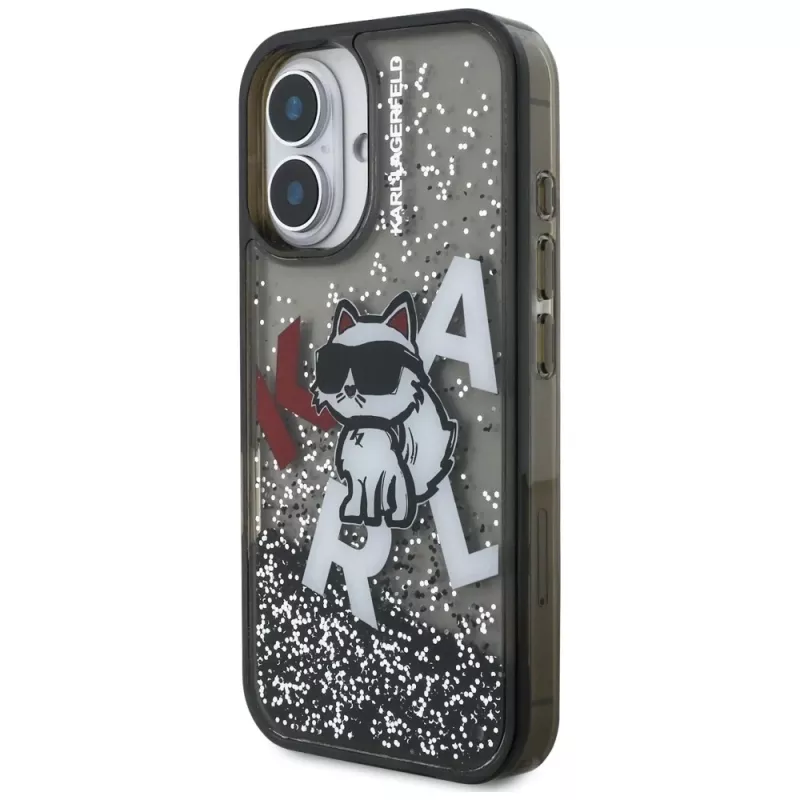 KARL LAGERFELD Liquid Glitter Choupette Logo puzdro pre iPhone 16, čierna