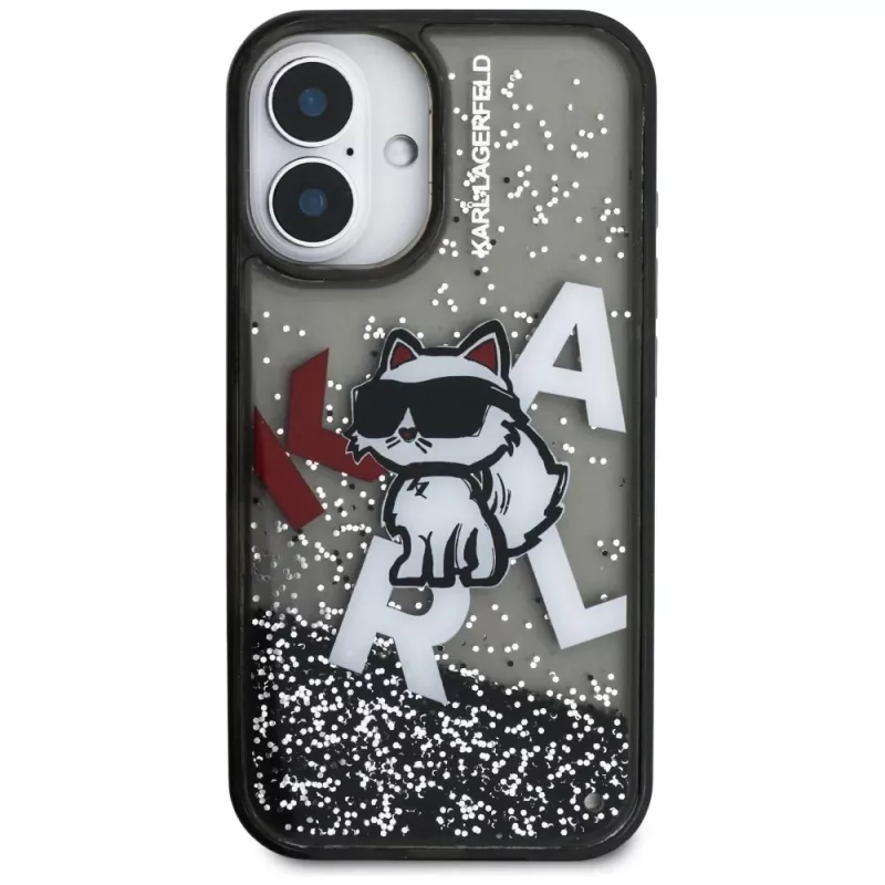 KARL LAGERFELD Liquid Glitter Choupette Logo puzdro pre iPhone 16, čierna