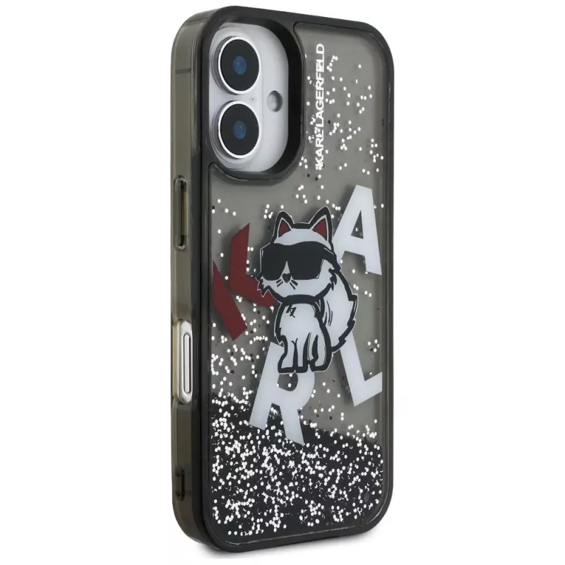 KARL LAGERFELD Liquid Glitter Choupette Logo puzdro pre iPhone 16, čierna