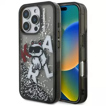 KARL LAGERFELD Liquid Glitter Choupette Logo puzdro pre iPhone 16 Pro, čierna