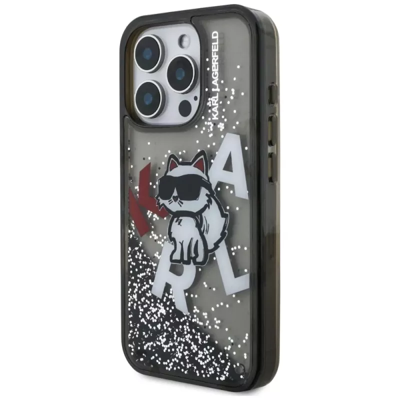 KARL LAGERFELD Liquid Glitter Choupette Logo puzdro pre iPhone 16 Pro, čierna