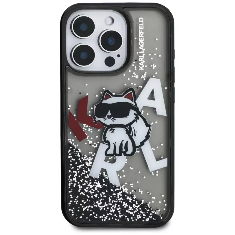 KARL LAGERFELD Liquid Glitter Choupette Logo puzdro pre iPhone 16 Pro, čierna