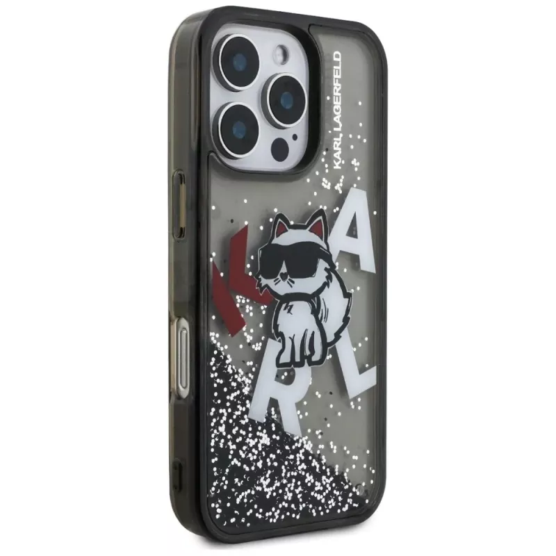 KARL LAGERFELD Liquid Glitter Choupette Logo puzdro pre Apple iPhone 16 Pro Max - čierna
