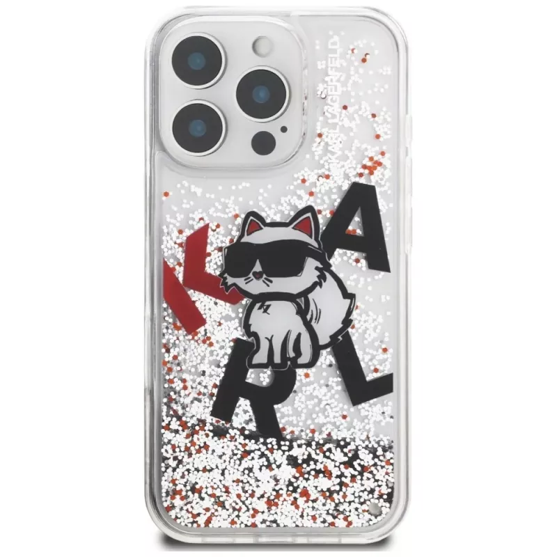 KARL LAGERFELD Liquid Glitter Choupette Logo puzdro pre iPhone 16 Pro, transparentná