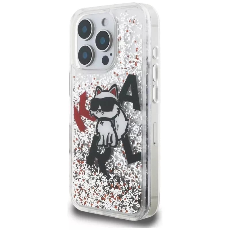 Karl Lagerfeld Liquid Glitter Choupette Logo puzdro pre Apple iPhone 16 Pro Max, transparentná
