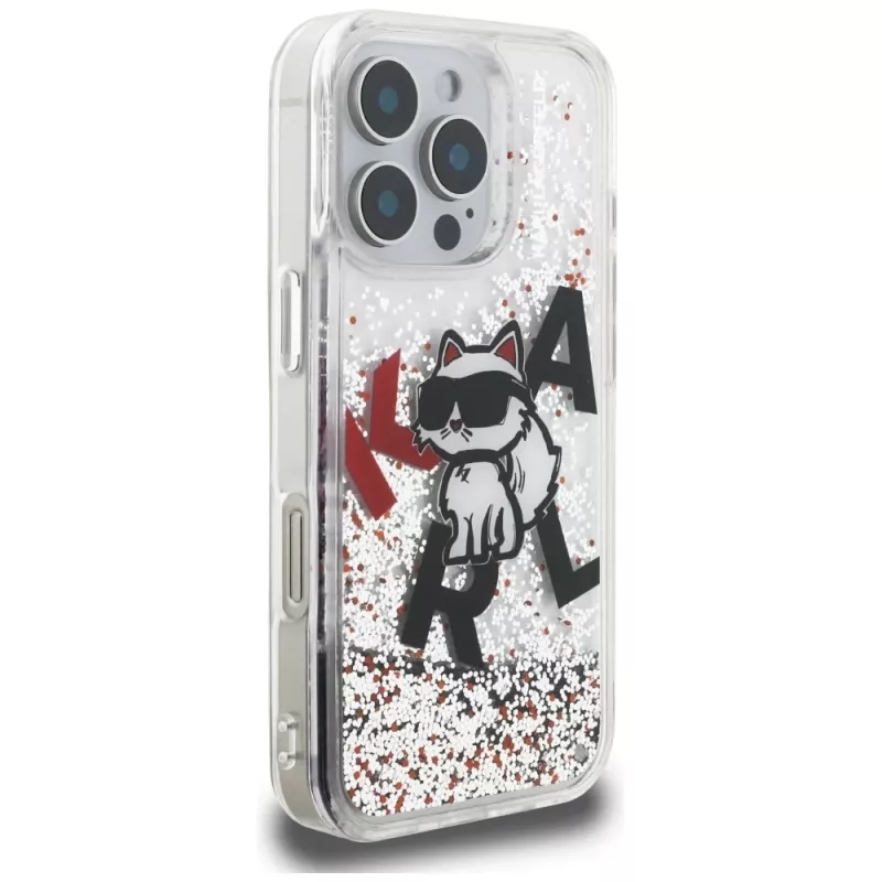 Karl Lagerfeld Liquid Glitter Choupette Logo puzdro pre Apple iPhone 16 Pro Max, transparentná