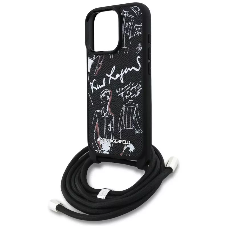 Karl Lagerfeld Crossbody GrainedPattern & Logo puzdro na telefón pre Apple iPhone 16 Pro Max, čierna