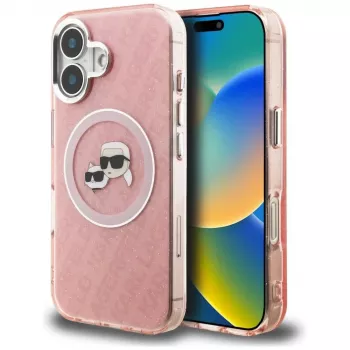 KARL LAGERFELD IML Glitter Karl & Choupette Heads Logo MagSafe puzdro pre Apple iPhone 16 - ružová
