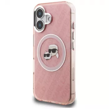 KARL LAGERFELD IML Glitter Karl & Choupette Heads Logo MagSafe puzdro pre Apple iPhone 16 - ružová