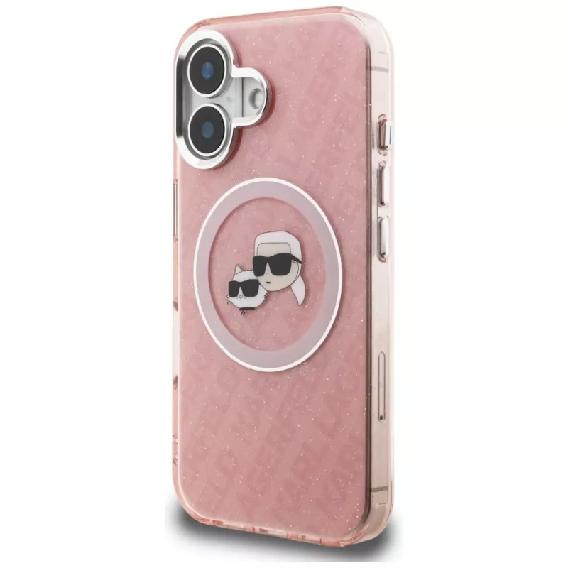 KARL LAGERFELD IML Glitter Karl & Choupette Heads Logo MagSafe puzdro pre Apple iPhone 16 - ružová