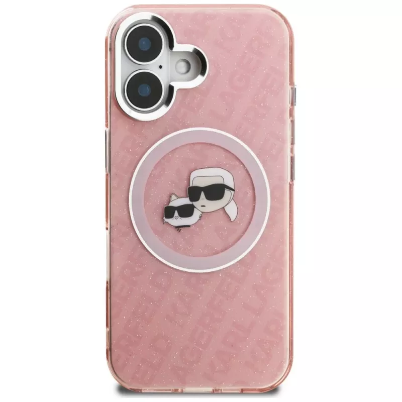 KARL LAGERFELD IML Glitter Karl & Choupette Heads Logo MagSafe puzdro pre Apple iPhone 16 - ružová