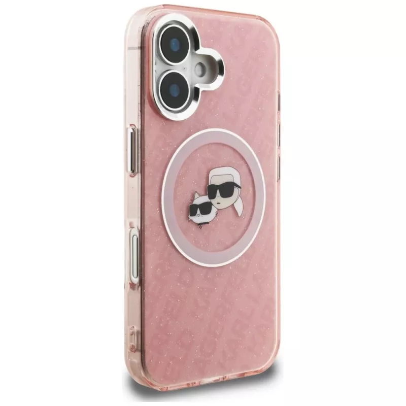 KARL LAGERFELD IML Glitter Karl & Choupette Heads Logo MagSafe puzdro pre Apple iPhone 16 - ružová