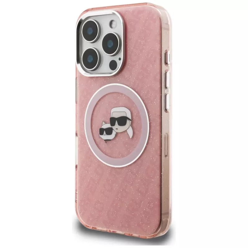 Karl Lagerfeld IML Glitter Karl & Choupette Heads Logo MagSafe puzdro pre iPhone 16 Pro ružová