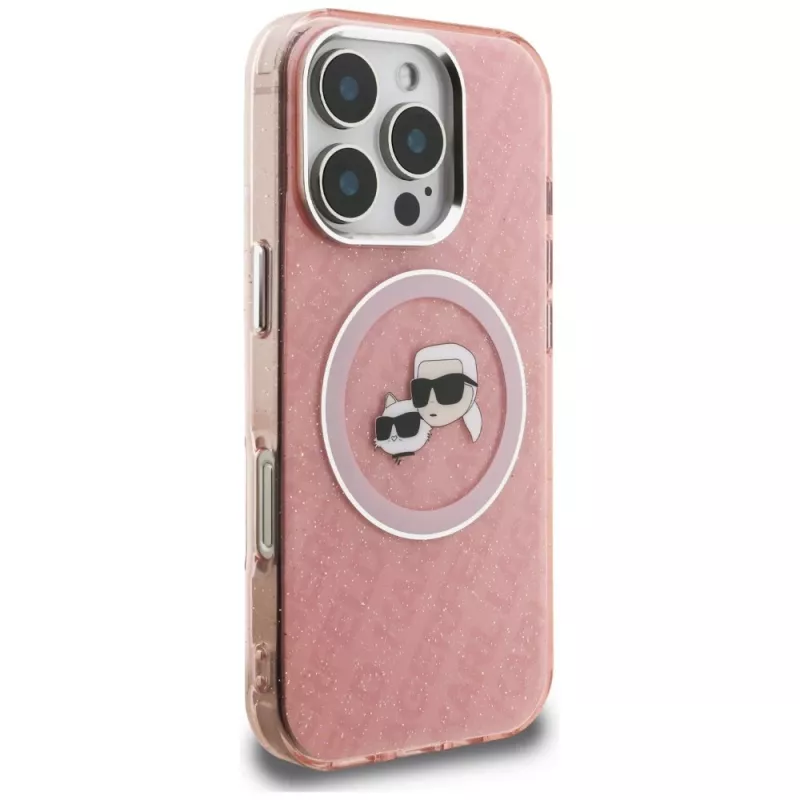 Karl Lagerfeld IML Glitter Karl & Choupette Heads Logo MagSafe puzdro pre iPhone 16 Pro ružová