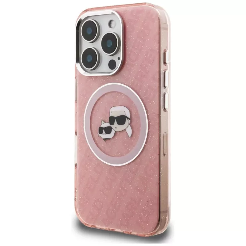 KARL LAGERFELD IML Glitter Karl & Choupette Heads Logo MagSafe puzdro pre iPhone 16 Pro Max, ružová