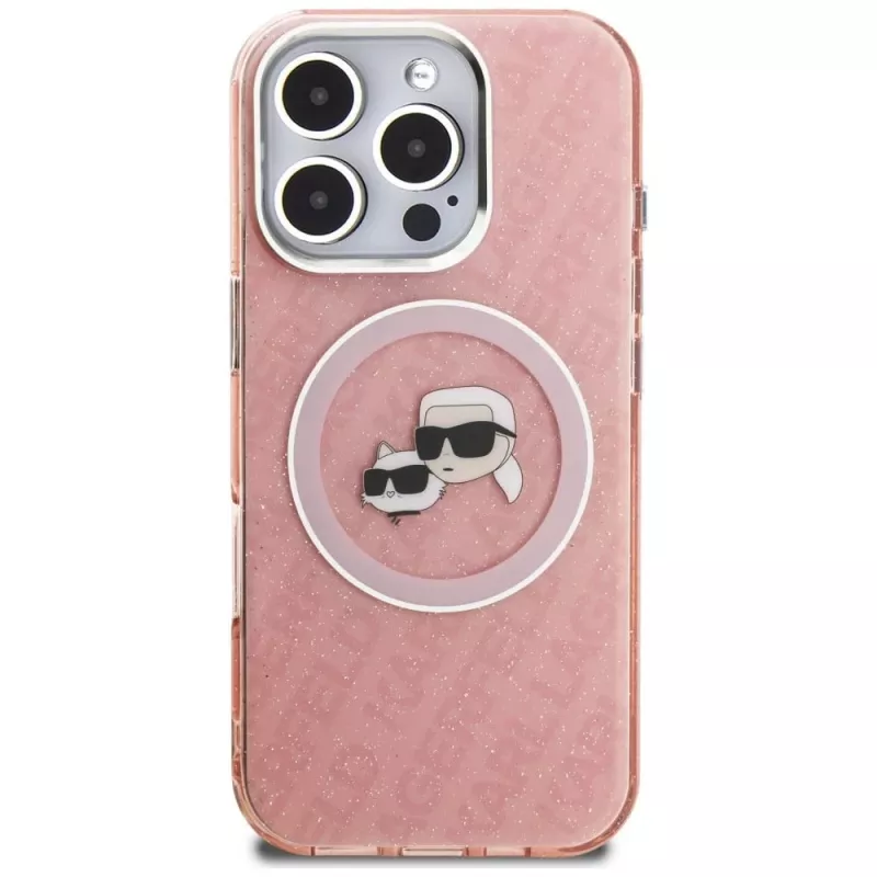 KARL LAGERFELD IML Glitter Karl & Choupette Heads Logo MagSafe puzdro pre iPhone 16 Pro Max, ružová