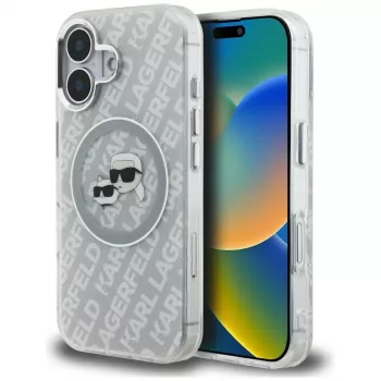 KARL LAGERFELD IML Glitter Karl & Choupette Heads Logo MagSafe puzdro pre iPhone 16, sivá