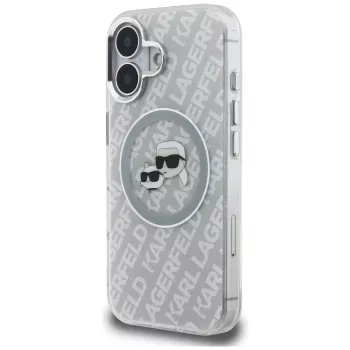KARL LAGERFELD IML Glitter Karl & Choupette Heads Logo MagSafe puzdro pre iPhone 16, sivá