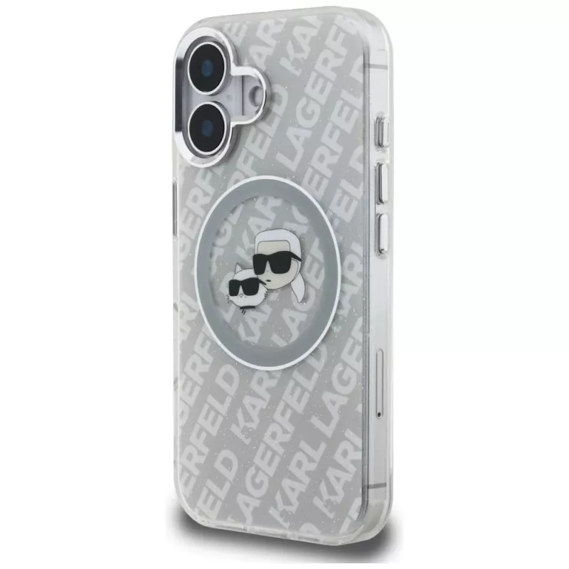 KARL LAGERFELD IML Glitter Karl & Choupette Heads Logo MagSafe puzdro pre iPhone 16, sivá