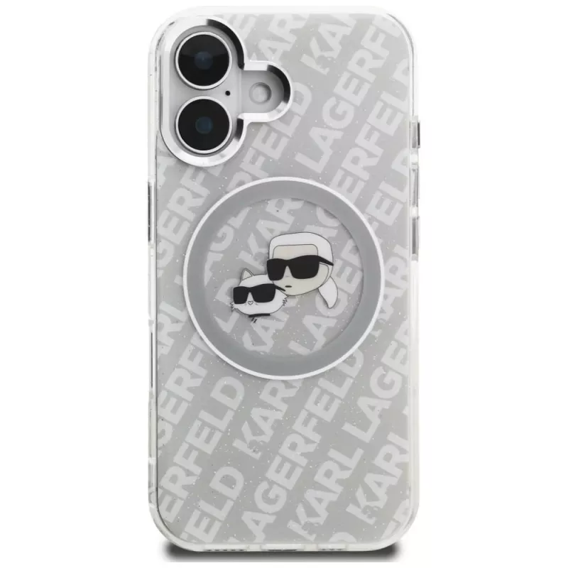 KARL LAGERFELD IML Glitter Karl & Choupette Heads Logo MagSafe puzdro pre iPhone 16, sivá