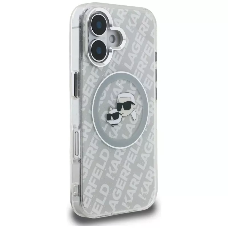 KARL LAGERFELD IML Glitter Karl & Choupette Heads Logo MagSafe puzdro pre iPhone 16, sivá