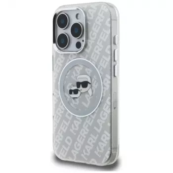 KARL LAGERFELD IML Glitter Karl & Choupette Heads Logo MagSafe puzdro pre iPhone 16 Pro sivá