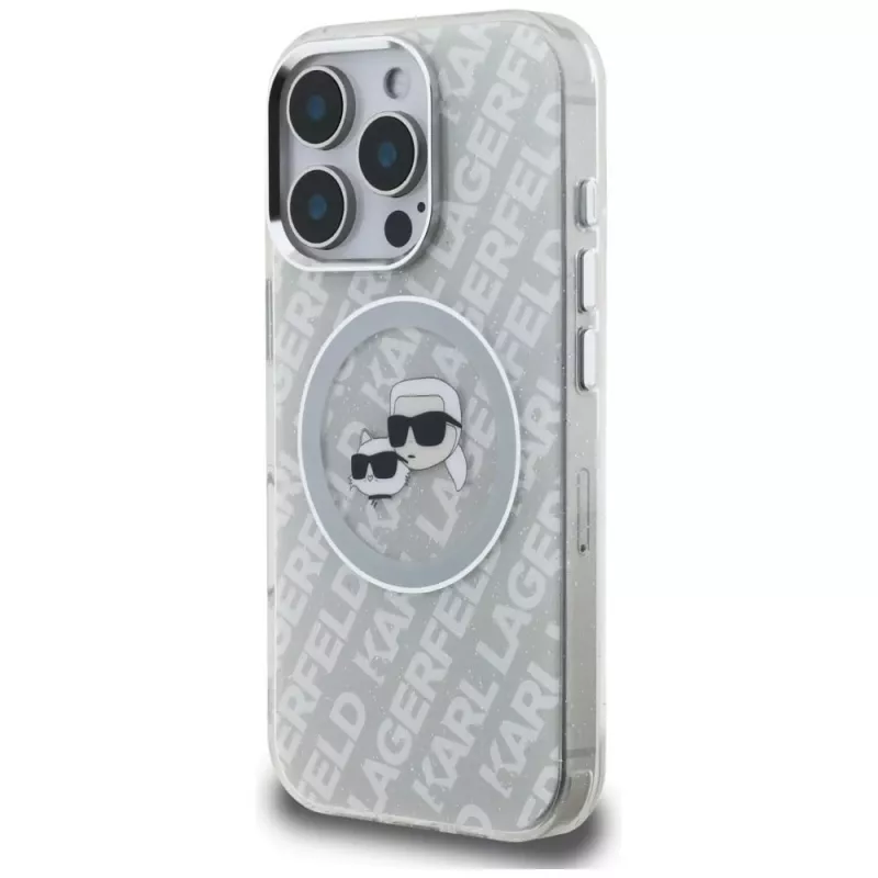 KARL LAGERFELD IML Glitter Karl & Choupette Heads Logo MagSafe puzdro pre iPhone 16 Pro sivá