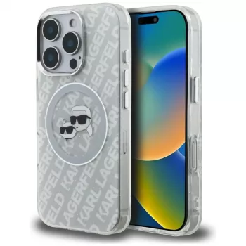 KARL LAGERFELD IML Glitter Karl & Choupette Heads Logo MagSafe puzdro pre iPhone 16 Pro Max sivá
