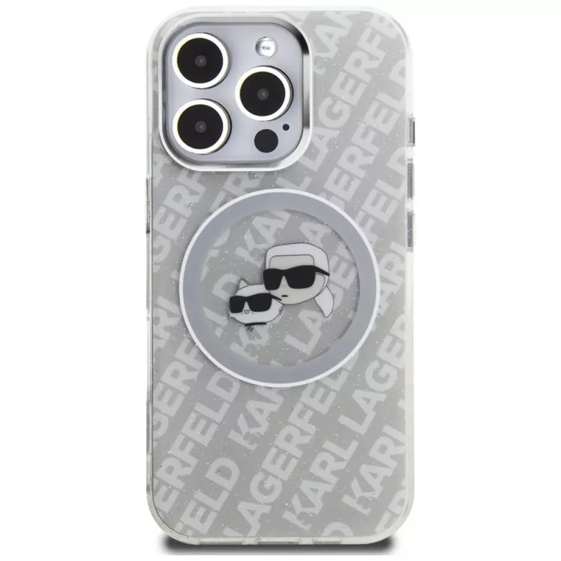 KARL LAGERFELD IML Glitter Karl & Choupette Heads Logo MagSafe puzdro pre iPhone 16 Pro Max sivá