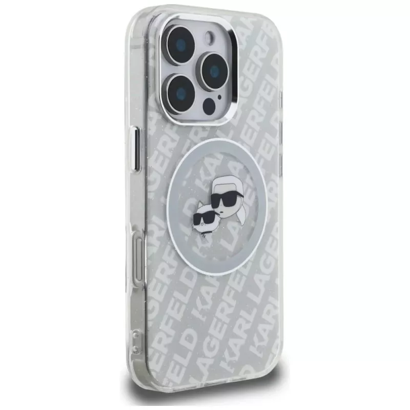 KARL LAGERFELD IML Glitter Karl & Choupette Heads Logo MagSafe puzdro pre iPhone 16 Pro Max sivá