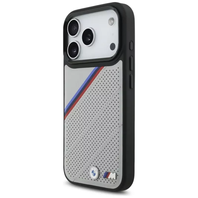 BMW M Tricolor Metal Logo MagSafe puzdro pre iPhone 17 Pro sivá