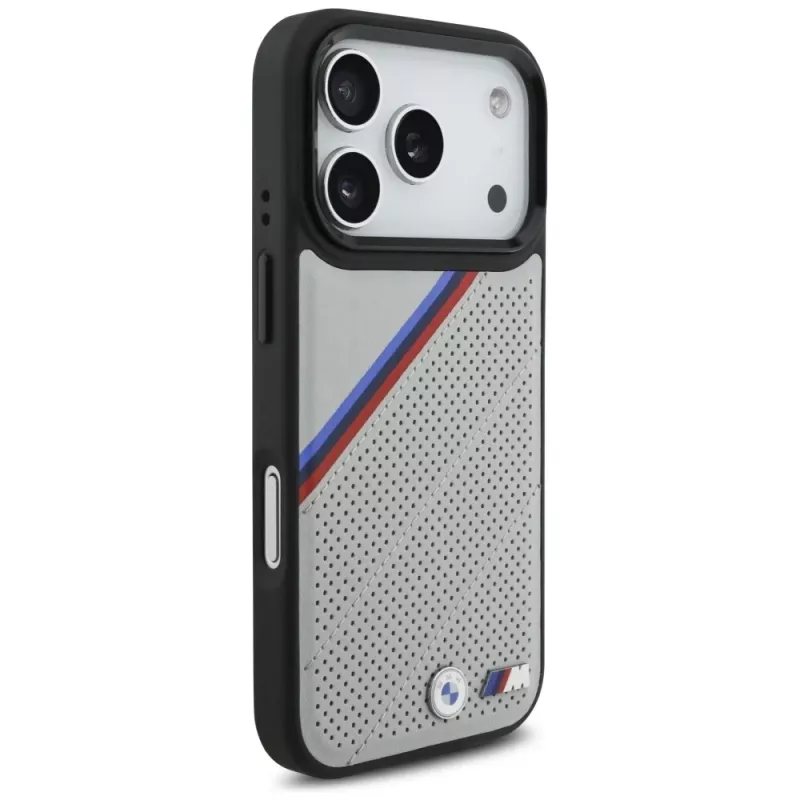 BMW M Tricolor Metal Logo MagSafe puzdro pre iPhone 17 Pro sivá