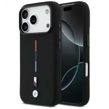 BMW M Silicon Tricolor Line MagSafe puzdro pre iPhone 17 Pro, čierne
