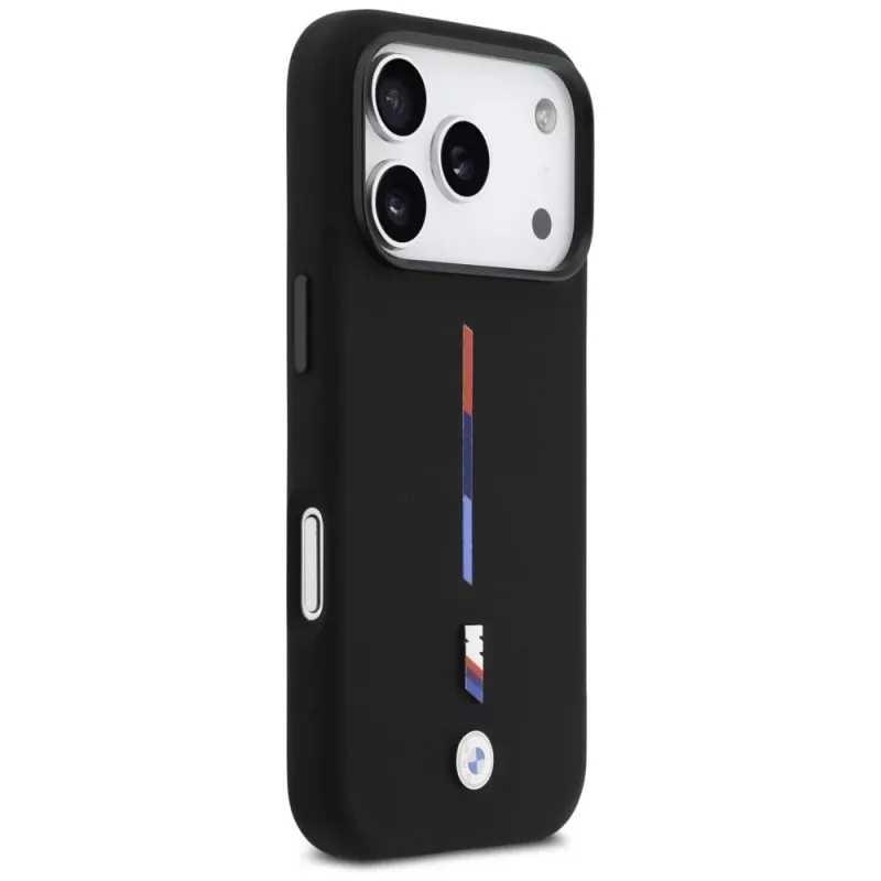 BMW M Silicon Tricolor Line MagSafe puzdro pre iPhone 17 Pro, čierne