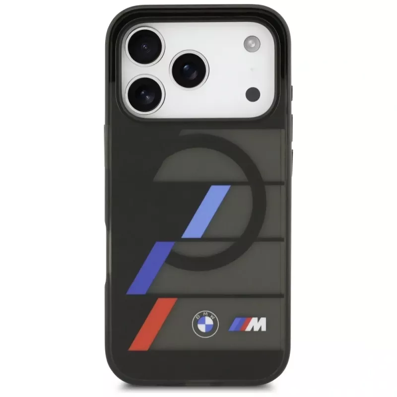 BMW M IML Metal Buttons Tricolor Lines puzdro MagSafe pre iPhone 17 Pro čierne