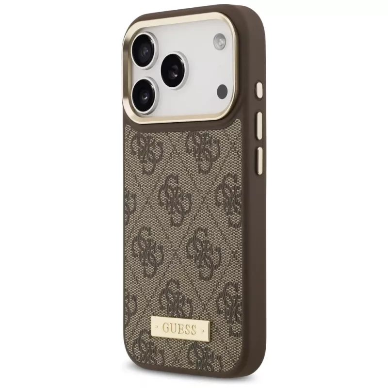 Guess 4G Logo Plate MagSafe puzdro pre Apple iPhone 17 Pro, hnedé