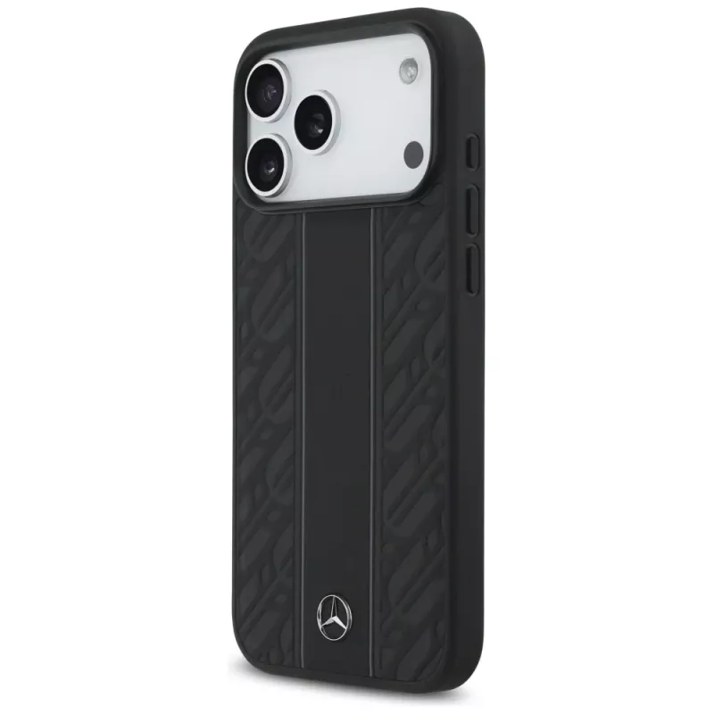 Mercedes kožené puzdro Leather Laurel Leaves Stripes MagSafe pre iPhone 17 Pro Max čierne
