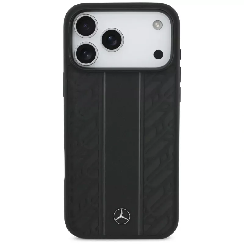 Mercedes kožené puzdro Leather Laurel Leaves Stripes MagSafe pre iPhone 17 Pro Max čierne