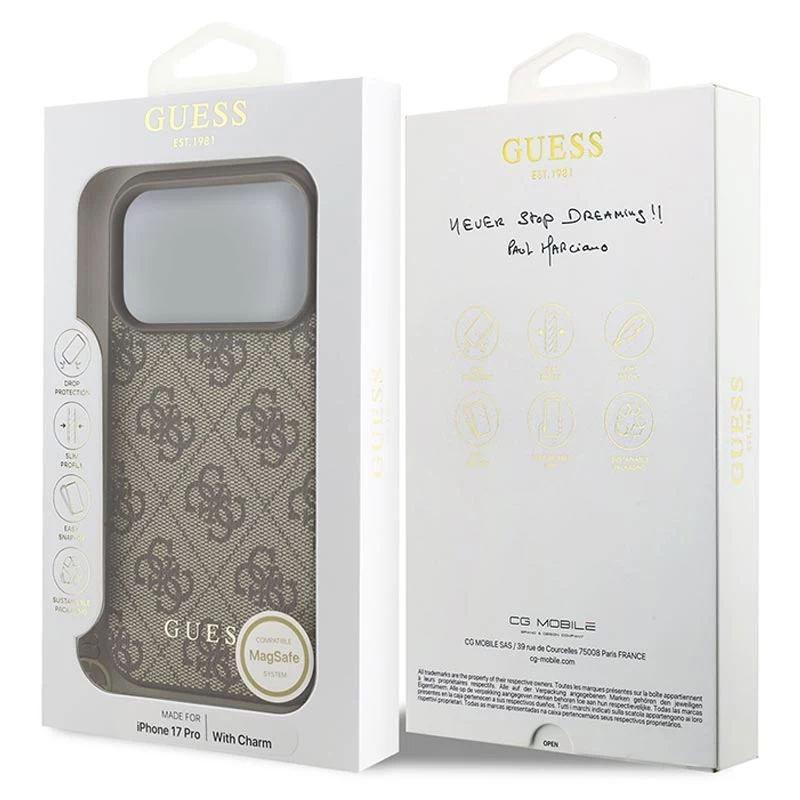 Guess 4G Charms Collection MagSafe puzdro pre iPhone 17 Pro (hnedá)