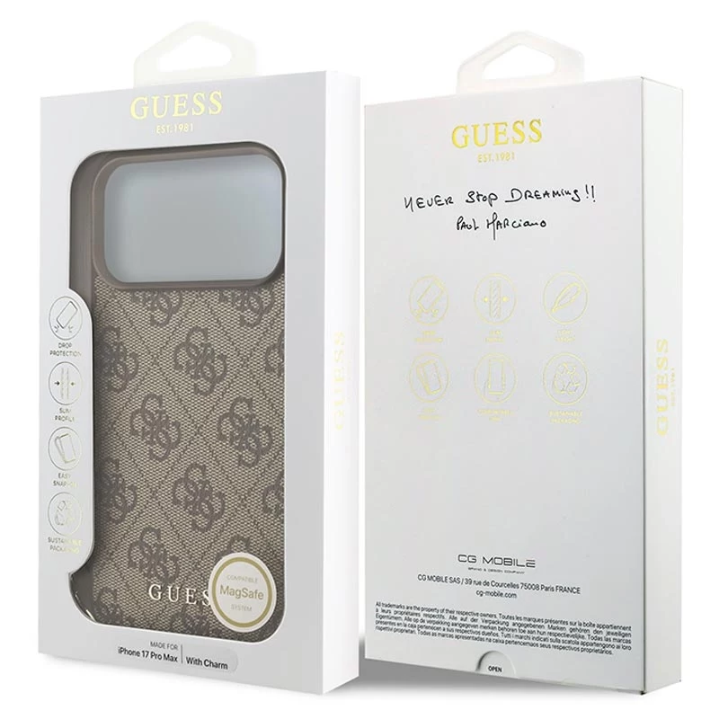 Guess 4G Charms Collection MagSafe puzdro pre iPhone 17 Pro Max (hnedá)