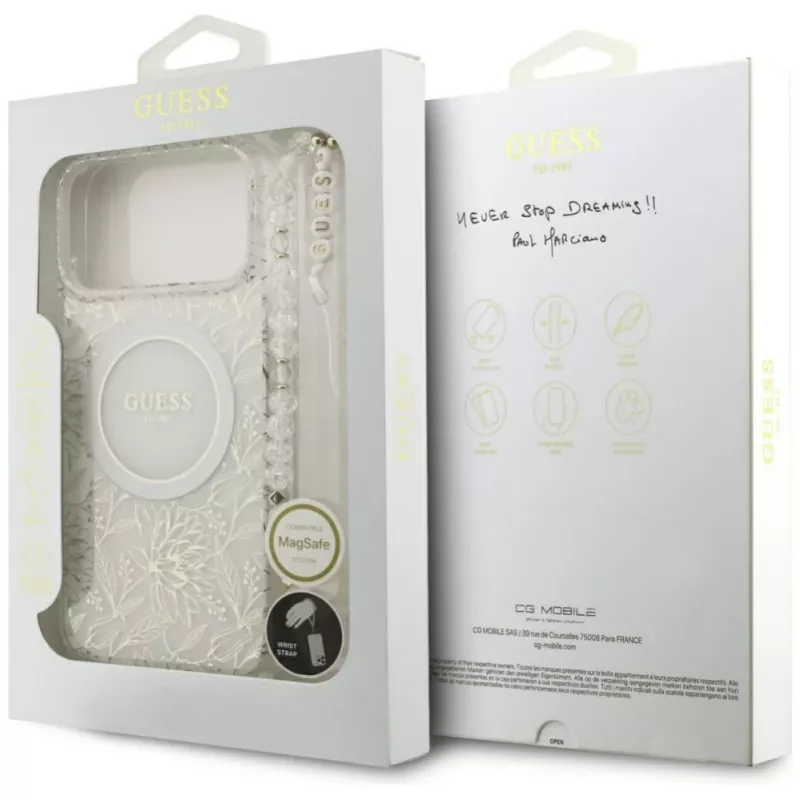 Guess IML Flowers Electro Pearl Strap MagSafe puzdro pre iPhone 17 Pro Max biela