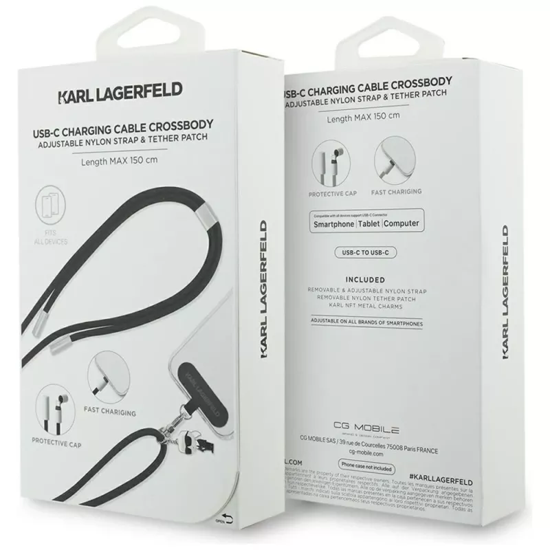 Karl Lagerfeld Ikonik Charm kábel USB-C na USB-C s lanyard, 1,2 m, čierny