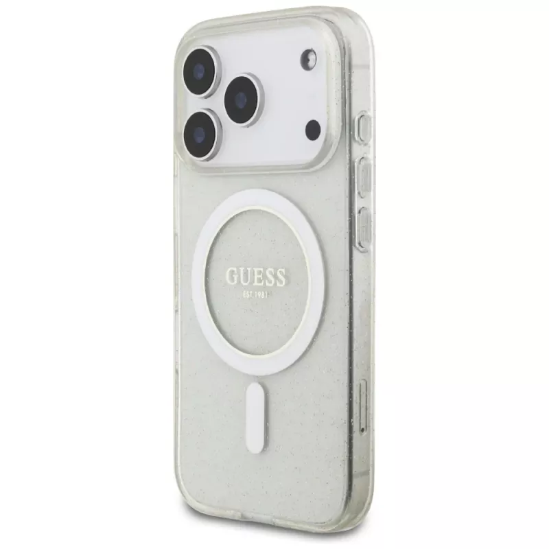 Guess IML Glitter Pearl Strap MagSafe puzdro pre iPhone 17 Pro, transparentné