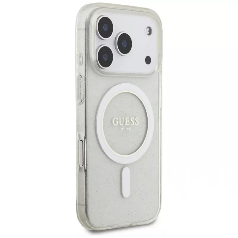 Guess IML Glitter Pearl Strap MagSafe puzdro pre iPhone 17 Pro, transparentné