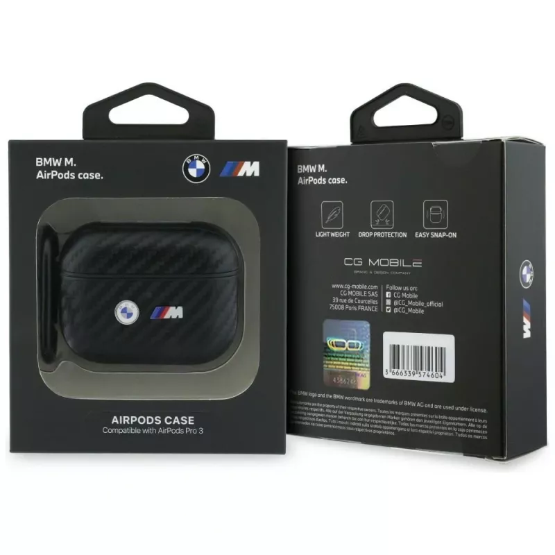 BMW Carbon Metal Logo ochranné puzdro pre Apple AirPods Pro 3, čierne