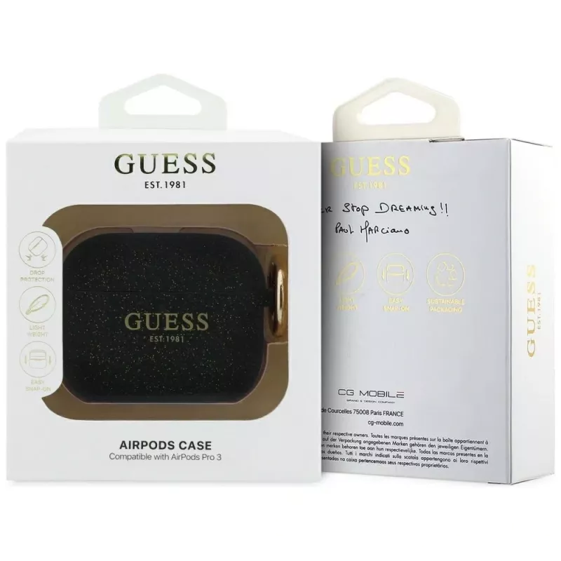 Silikónové puzdro Guess Glitter Ring pre AirPods Pro 3, čierne