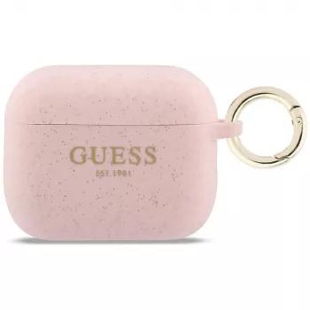 Guess Silikónové puzdro s ligotavým krúžkom pre AirPods Pro 3, ružová